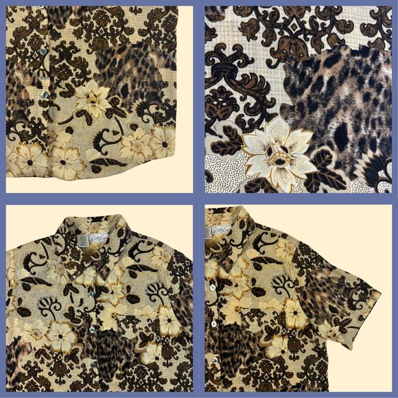1990s abstract blouse by Kathy Che, size 16 vintage animal print short sleeve - Picture 2 of 5